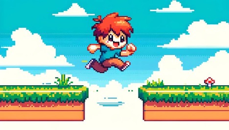 video game character jumping over a gap