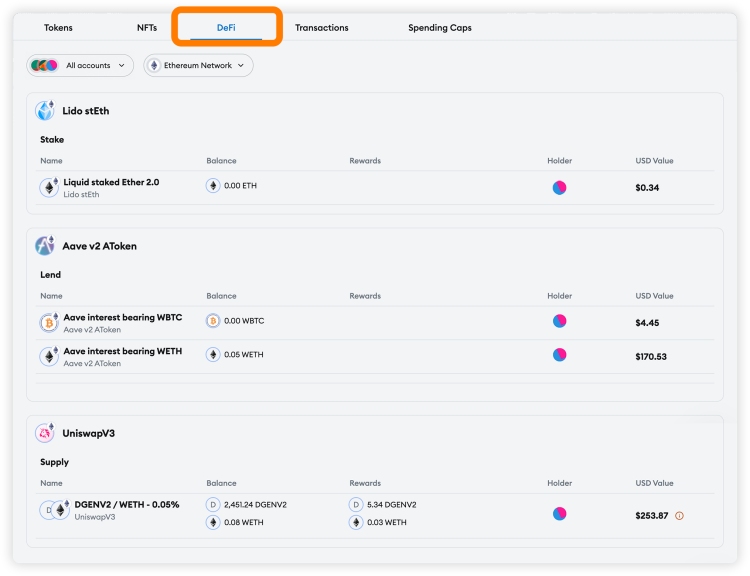 DeFi tab within portfolio