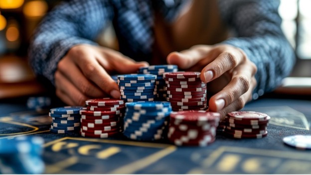 Hands organizing poker chips, symbolizing decision-making in Polymarket investing