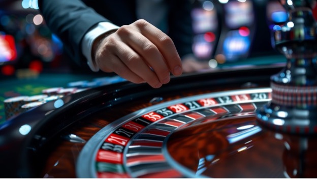 Polymarket investing depicted by a hand placing a chip on a roulette table